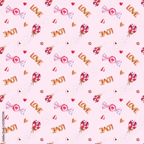 Valentines day pattern watercolor illustration with candies, speech bubble heart and love 