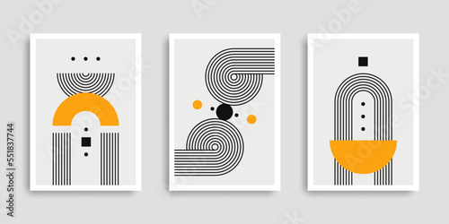Set of abstract contemporary posters with geometric shapes. Collection of wall art. Modern boho minimalist art. Vector illustration. Design for print poster, cover, wallpaper. Stock.