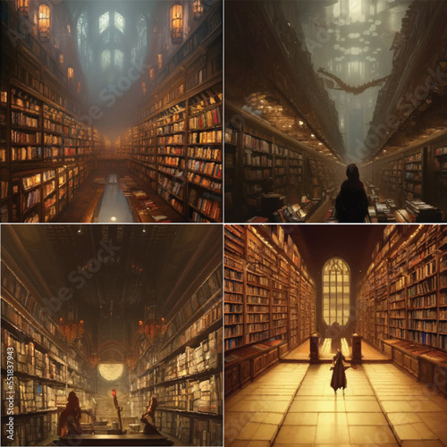 Set of various fantasy dark academia library paintings