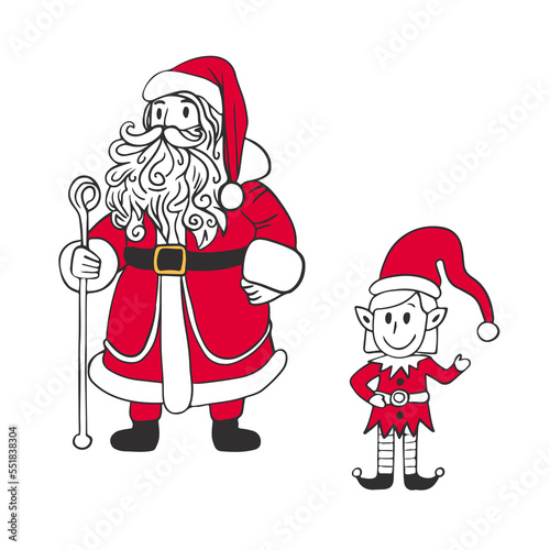 Santa Claus and elf helper in doodle style with red. For decoration of congratulations or Secret Santa for Christmas.