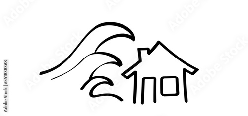 Drawing cartoon tsunami, shock wave. A tsunamis is an extremely high wave from the sea that unexpectedly floods the coast, usually caused by a seaquake. Earthquake with force on the Richter scale.