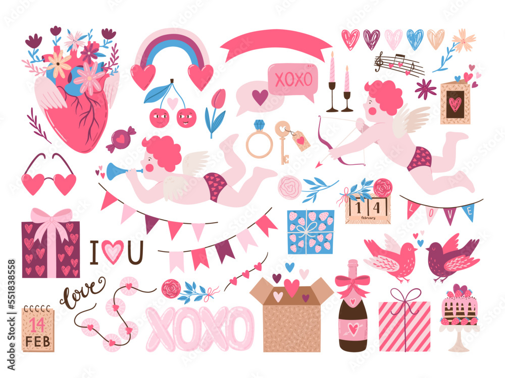 Valentine’s day elements vector set. Blooming heart, cupids, gift boxes, garlands, flowers, birds, cake, lettering and other decorations. Cartoon style. Perfect for stickers and greeting cards.