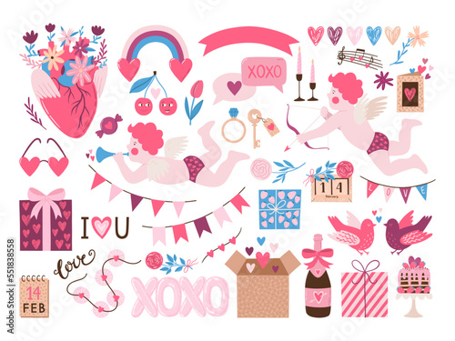 Valentine’s day elements vector set. Blooming heart, cupids, gift boxes, garlands, flowers, birds, cake, lettering and other decorations. Cartoon style. Perfect for stickers and greeting cards. © NatNat