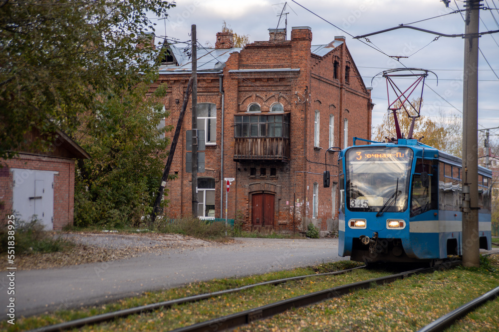 Soviet tram on street in Tomsk, Siberia