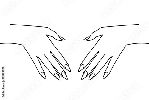 Line illustration of female hands with long nails. Minimalist contour art. Can be used for nail salons, manicure business, cosmetics stores, nail polish advertisement, designs, posters. Hand care
