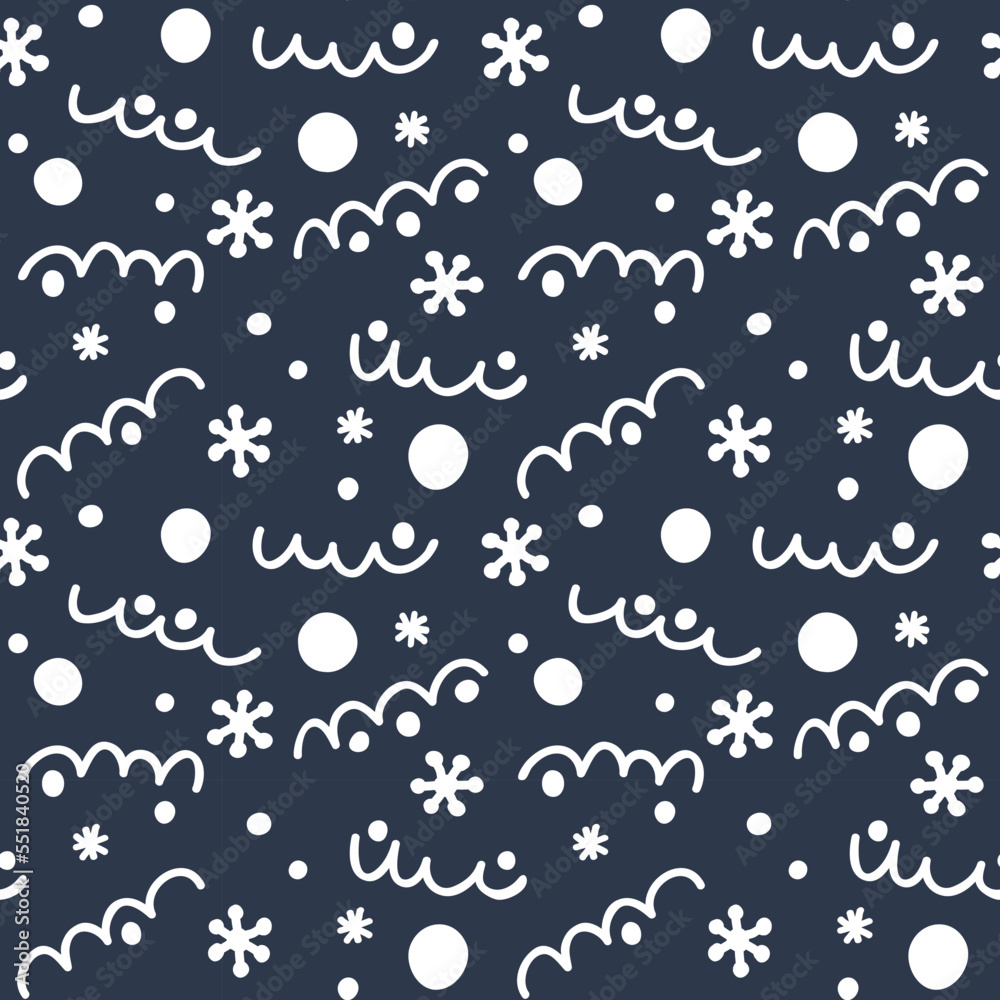 Abstract seamless pattern with serpentine, snowballs and snowflakes on a dark background. Snow pattern with blizzard swirls. Winter background in cartoon style for printing on textiles, paper.