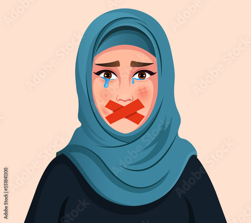 The girl in the headscarf is crying. Female victim of domestic abuse, speaking about suffering from gender-based physical and mental violence is censored, bad awareness about harassment.