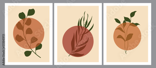 Set of abstract foliage wall art vector. Leaves, organic shapes, earth colors, leaf branch in line art style. Botanical wall decoration collection design for  poster, cover, banner.