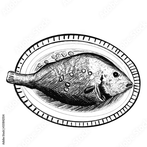 Vector illustration hand drawing sketch asian food. Chinese fish plate