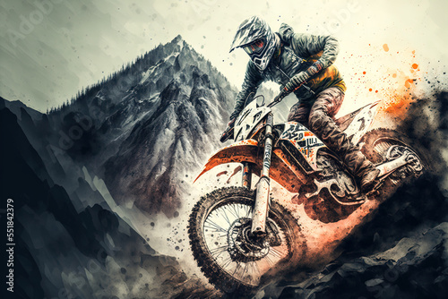Fototapeta A muscular man in protective gear speeds across the mountains on his dirt bike