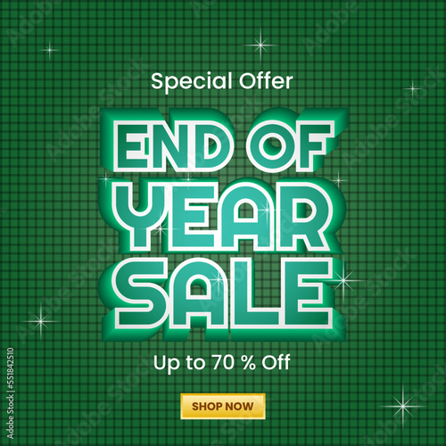 marketing design. 3d text effect, dark green background, square pattern concept. used for end of year sale promotion, banner, poster, brochure, advert, ads