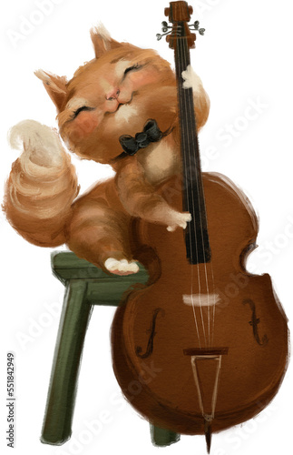 Cute watercolor woodland animal musician. Kitten with contrabass. Music forest animal character