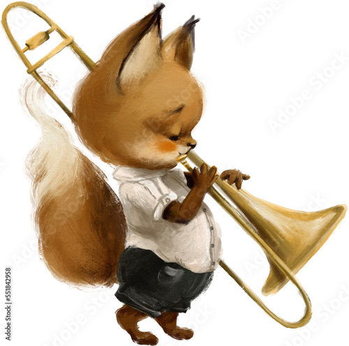 Cute watercolor woodland animal musician. Fox with trombone. Music forest animal character