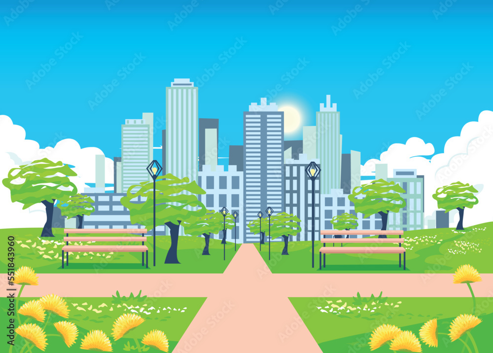 Vector illustration of a summer city park with trees, a park bench and lanterns on the background of a big city with skyscrapers in the daytime