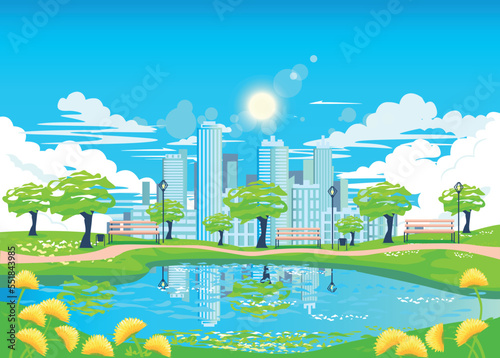 Background vector illustration of a big city with skyscrapers, city park with a lake, lanterns and benches are reflected in the water during the daytime in summer