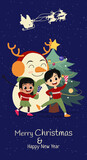 Cute christmas card on a blue background with big snowman, christams tree, girl and boy