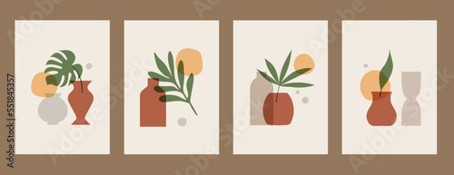 Collection of posters with abstract concepts and pastel colors. Plant leaves, Great design for social media, postcards, prints, wall decoration. Vector illustration