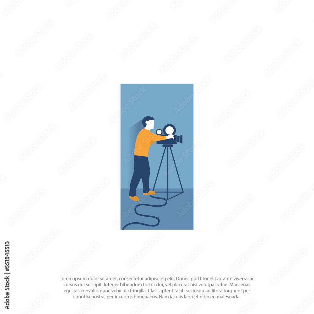 flat design style blue and yellow or orange taking video for broadcasting with camera and tripod minimal vector illustration. flat design style blue and yellow or orange taking video for broadcasting with camera and tripod minimal vector illustration.