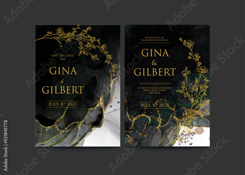 Luxury black wedding invitation with abstract watercolor background with gold floral hand drawn