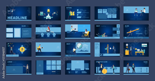 Graphic Design Project Presentation, powerpoint. Infographic Slide Template. For use in Flyer, SEO. Webinar Landing Page Template, Website Design, Banner. A team of people creates a business, teamwork