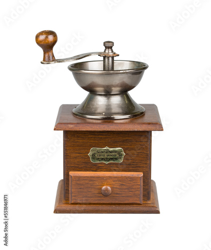 Vintage coffee mill. Wooden and metallic grinder, PNG isolated on transparent background
