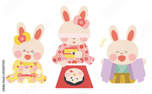 福笑いをする着物を着たうさぎさん