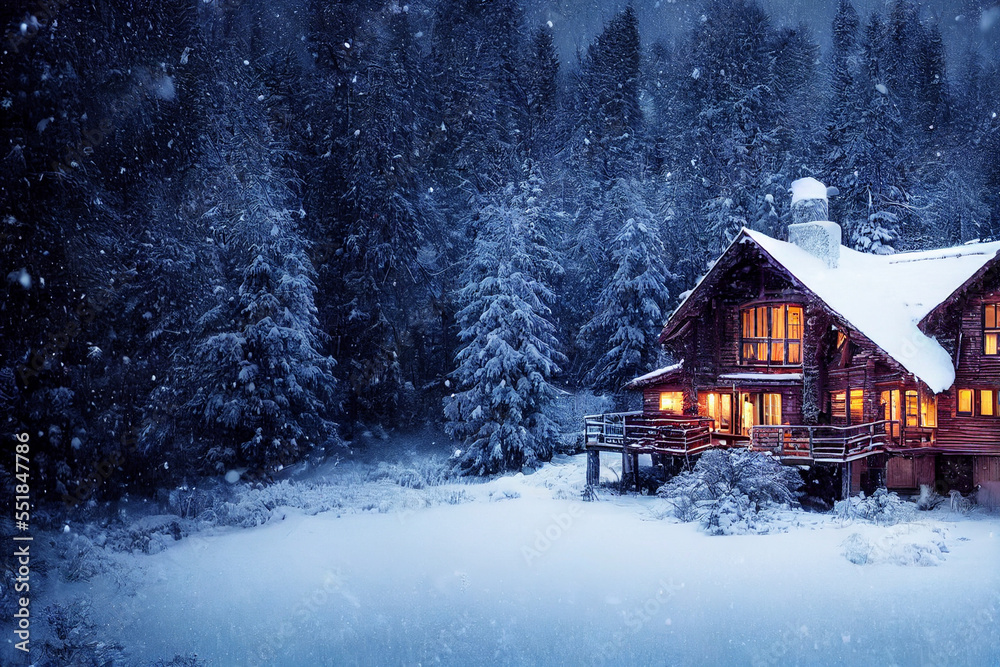 Wooden house trees covered with snow, covered in snow Wooden house trees covered with snow, covered in snow