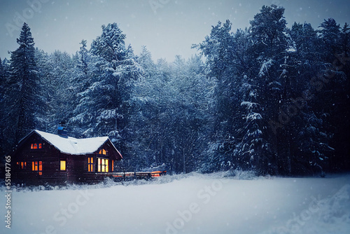 Cozy house trees covered with snow, snow-covered