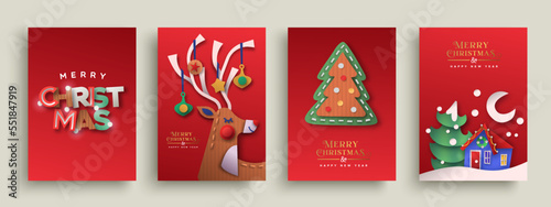 Merry christmas paper cut collection card in red background