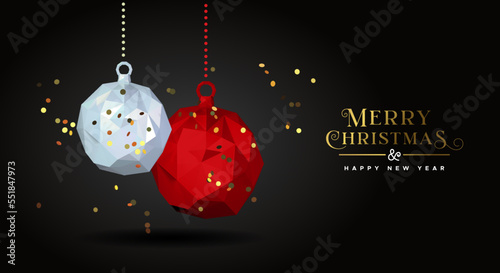 Merry christmas greeting card hanging bauble in low poly abstract 3d