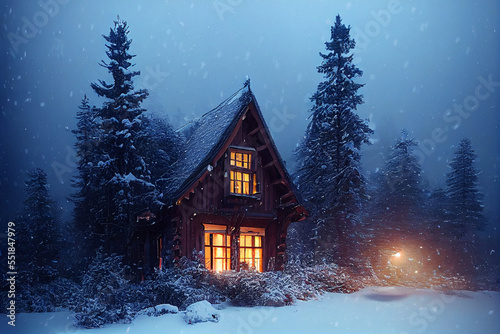 Wooden house snow-covered forest, covered in snow
