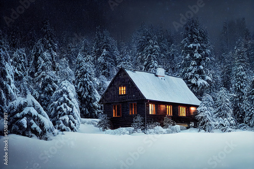 Wooden house winter forest, covered in snow © Llama-World-studio