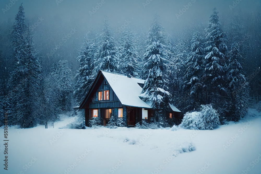 Cozy house winter forest, covered in snow