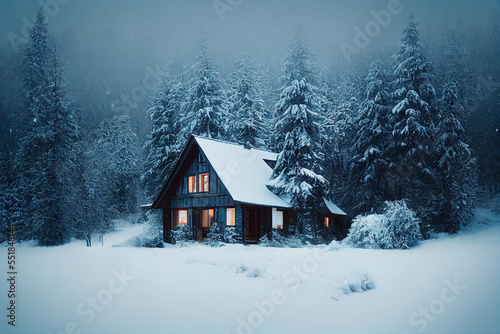 Cozy house winter forest, covered in snow