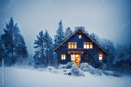 Cozy house forest covered in snow, covered in snow
