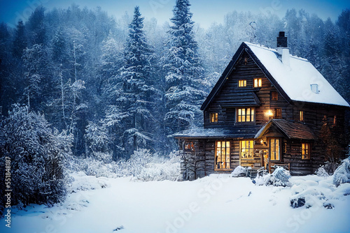 Cozy house trees covered with snow, roof in the snow