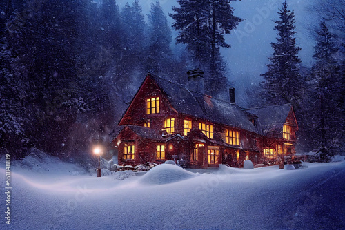 Cozy house snow-covered forest  snow-covered