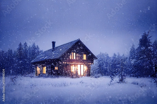 Cozy wood house winter forest, snow-covered