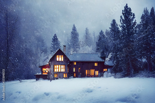 Cozy wood house trees covered with snow, snow-covered