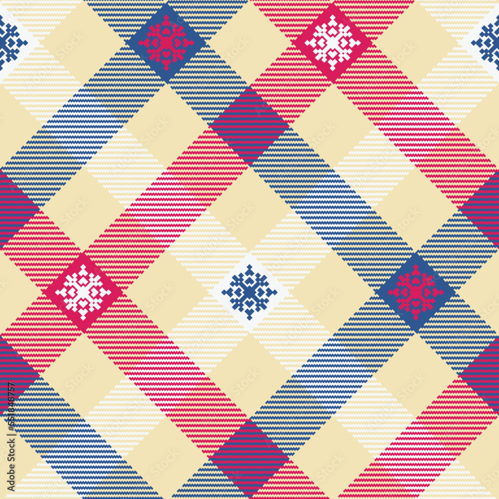 Check plaid seamless pattern with snowflakes. Check plaid seamless pattern with snowflakes.