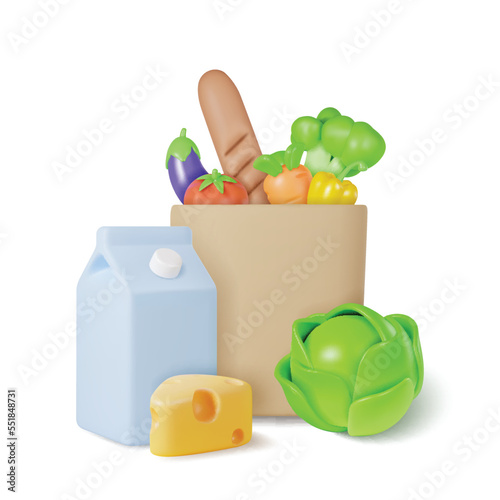 3d Bag of Healthy Food Concept Plasticine Cartoon Style Include of Bread, Milk and Vegetables. Vector illustration