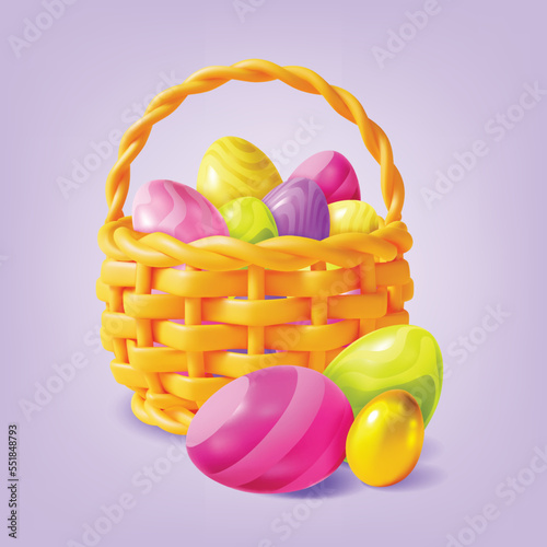 3d Easter Eggs Basket Concept Plasticine Cartoon Style Spring Holiday Celebration . Vector illustration of Painted Egg
