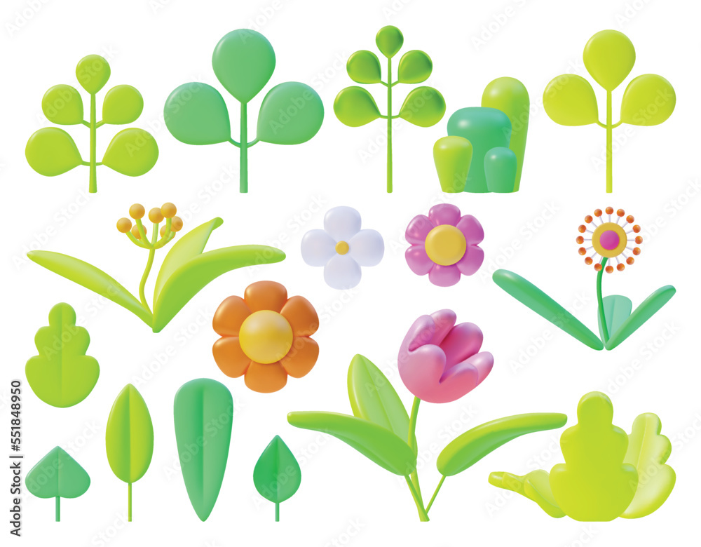 3d Different Flowers Set Plasticine Cartoon Style Include of Flower Plant, Leaf, Tree and Shrub. Vector illustration