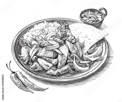 Fajitas meat hand drawn sketch Latin American food Restaurant business concept.