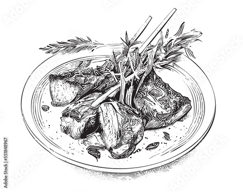 Lamb ribs on a plate hand drawn sketch Latin American food Restaurant business concept.
