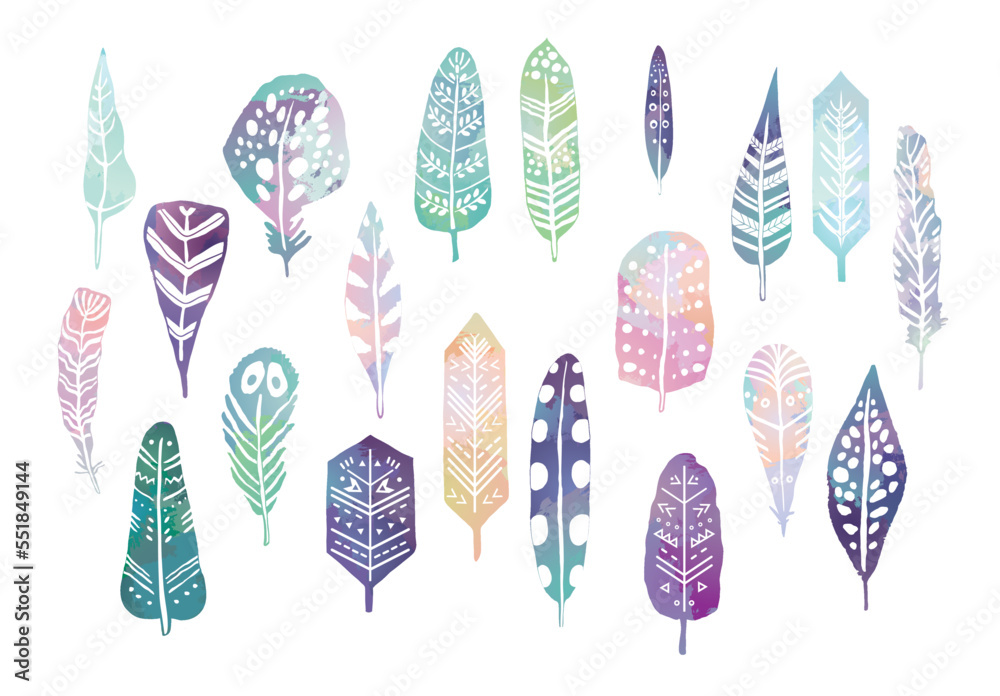 Feathers doodle vector illustrations set.