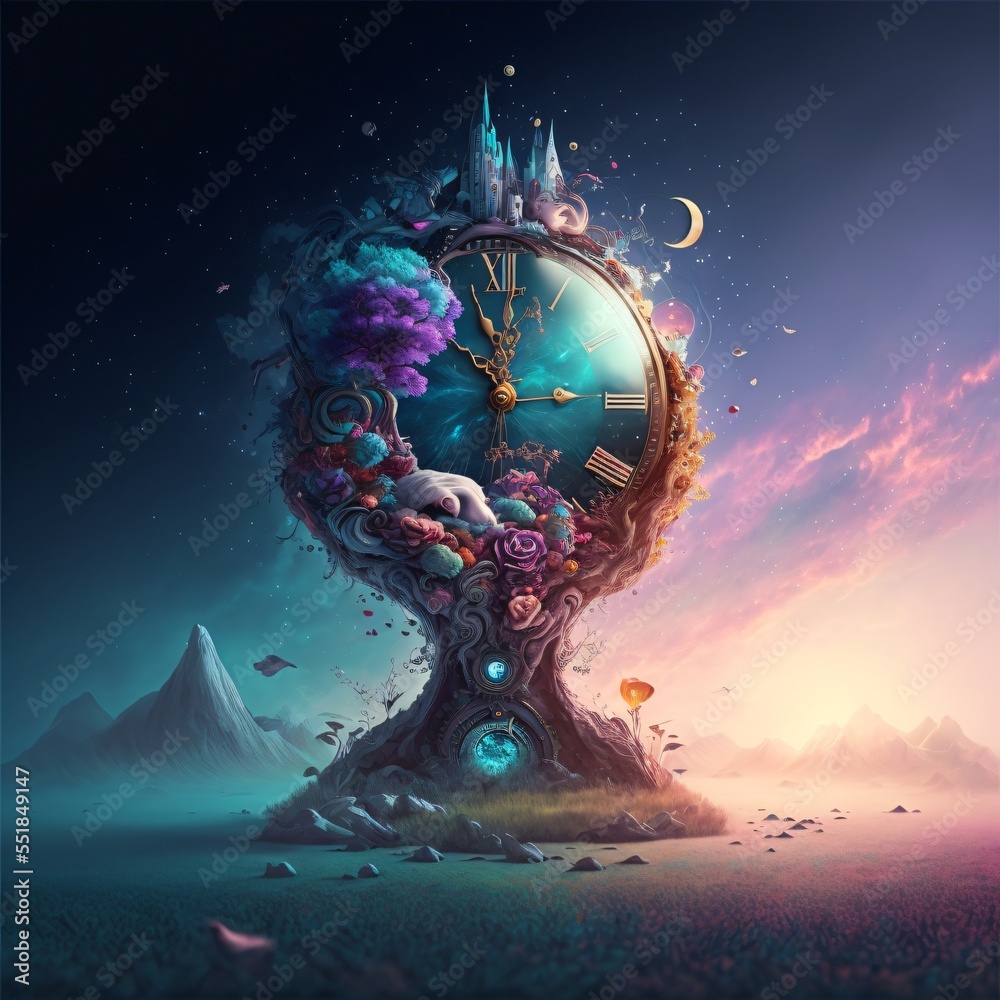 Obraz premium fantastic surreal world, in the realm of dreams, magic clock fantasy cover illustration, generative ai