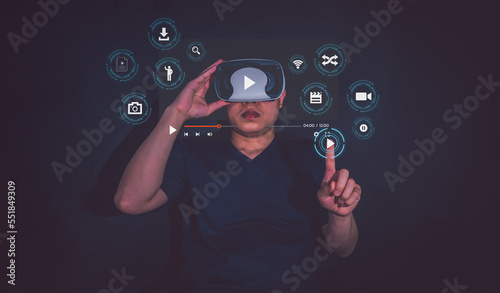 Man wearing VR virtual reality goggles. Global internet connection. High performance document management system Online Document Security Database Automated manage files efficiently. future technology