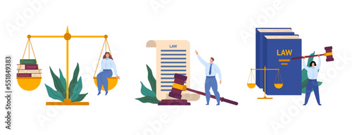 Cartoon Color Characters People and Law Justice Scenes Concept Flat Design Style Scale and Gavel Elements. Vector illustration