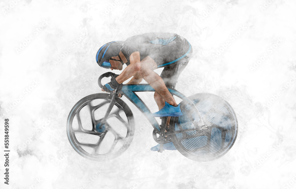 Man racing cyclist in motion